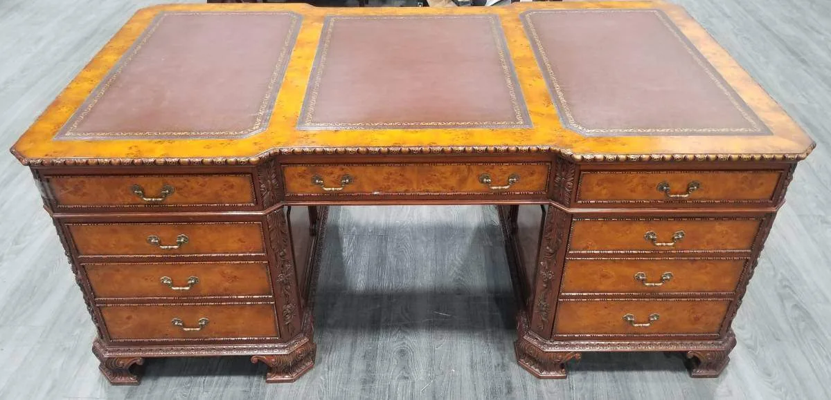 Luxury SHOW HOME George II Executive Partners Desk Burl Leather thumbnail