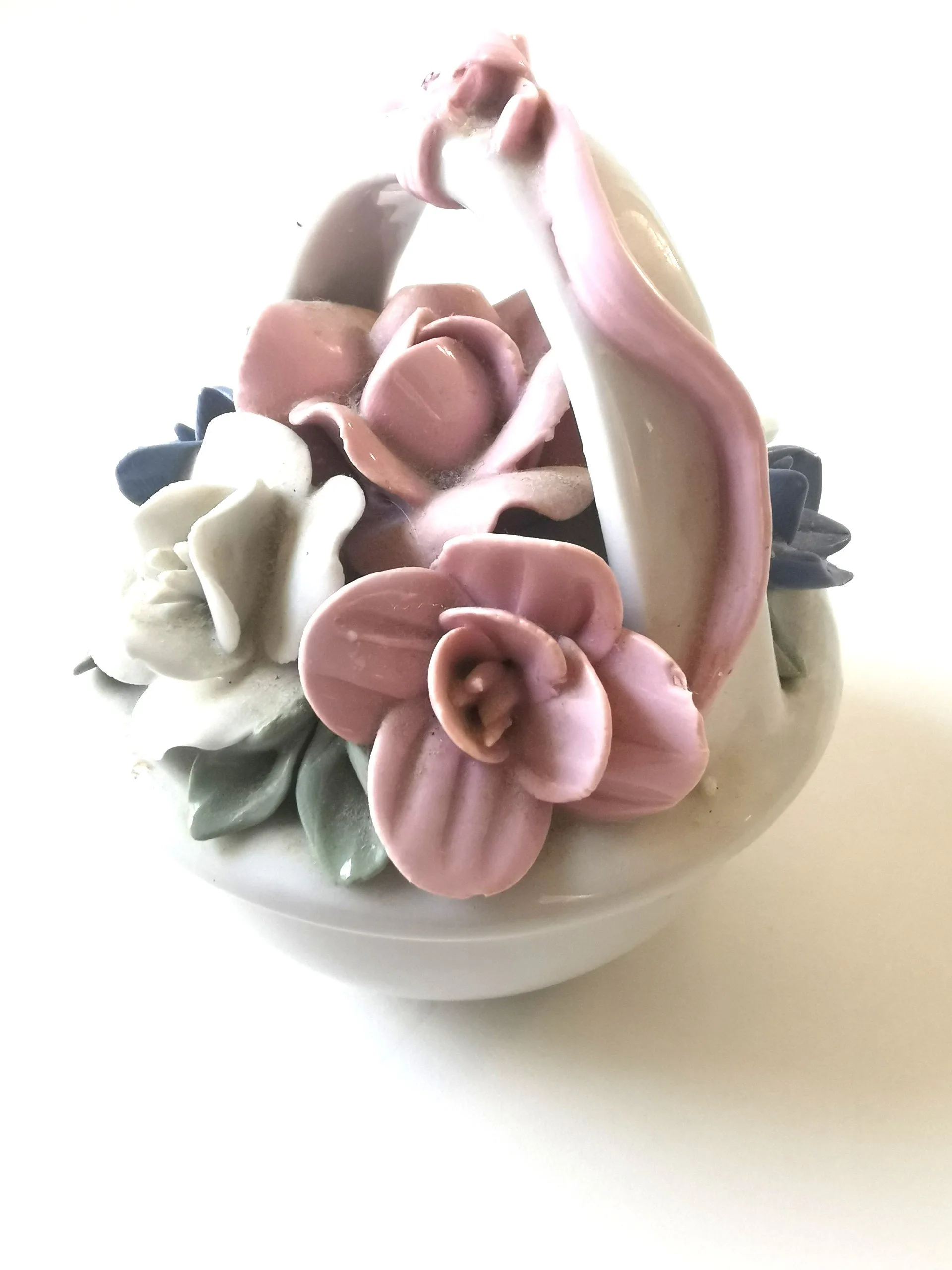 Small Vintage Porcelain Flower Basket Pink Blue White Flowers image indicator(5)