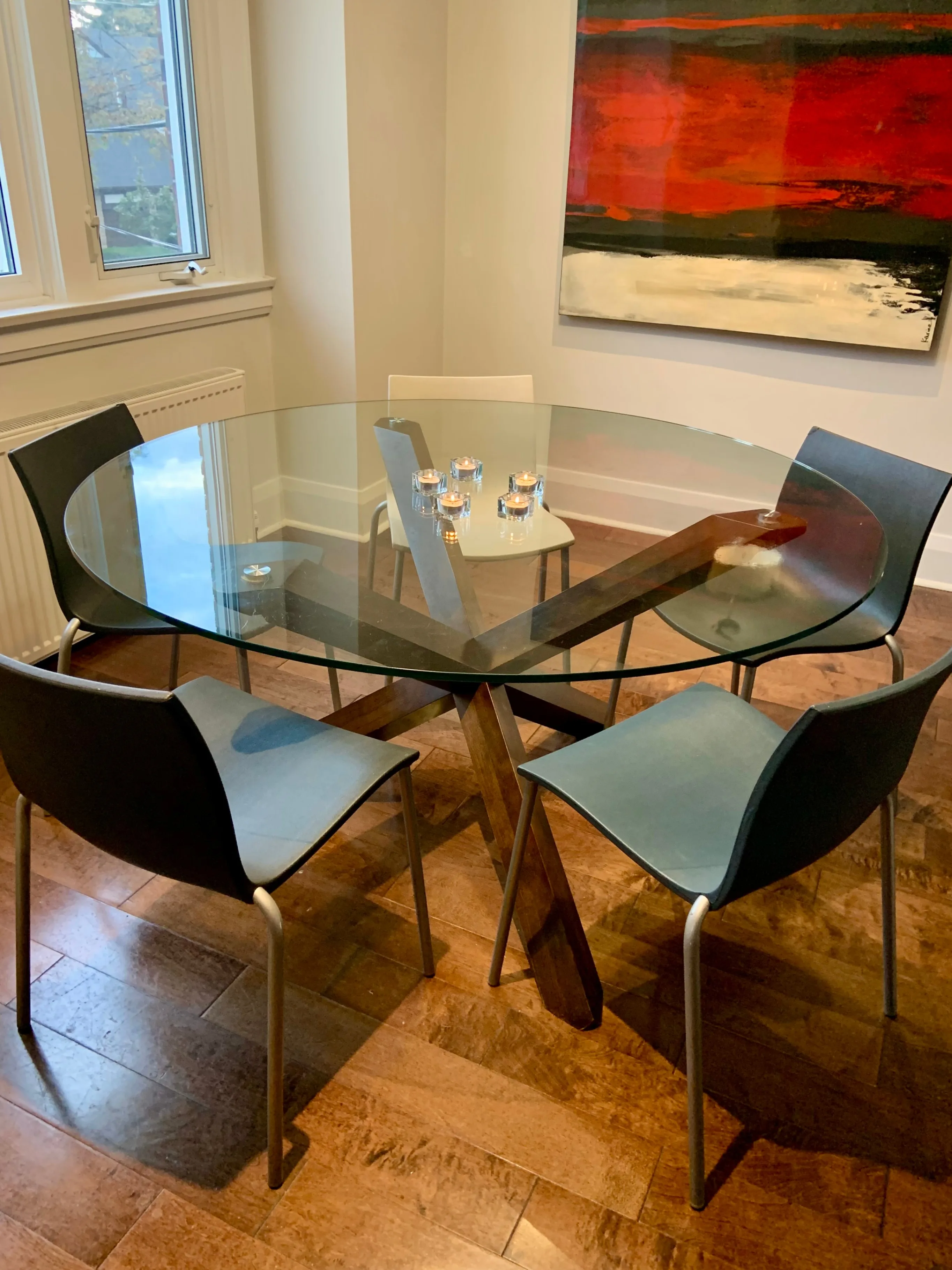 54" Round Glass Desktop Pedestal Dining Table w/ Solid Base image indicator(2)