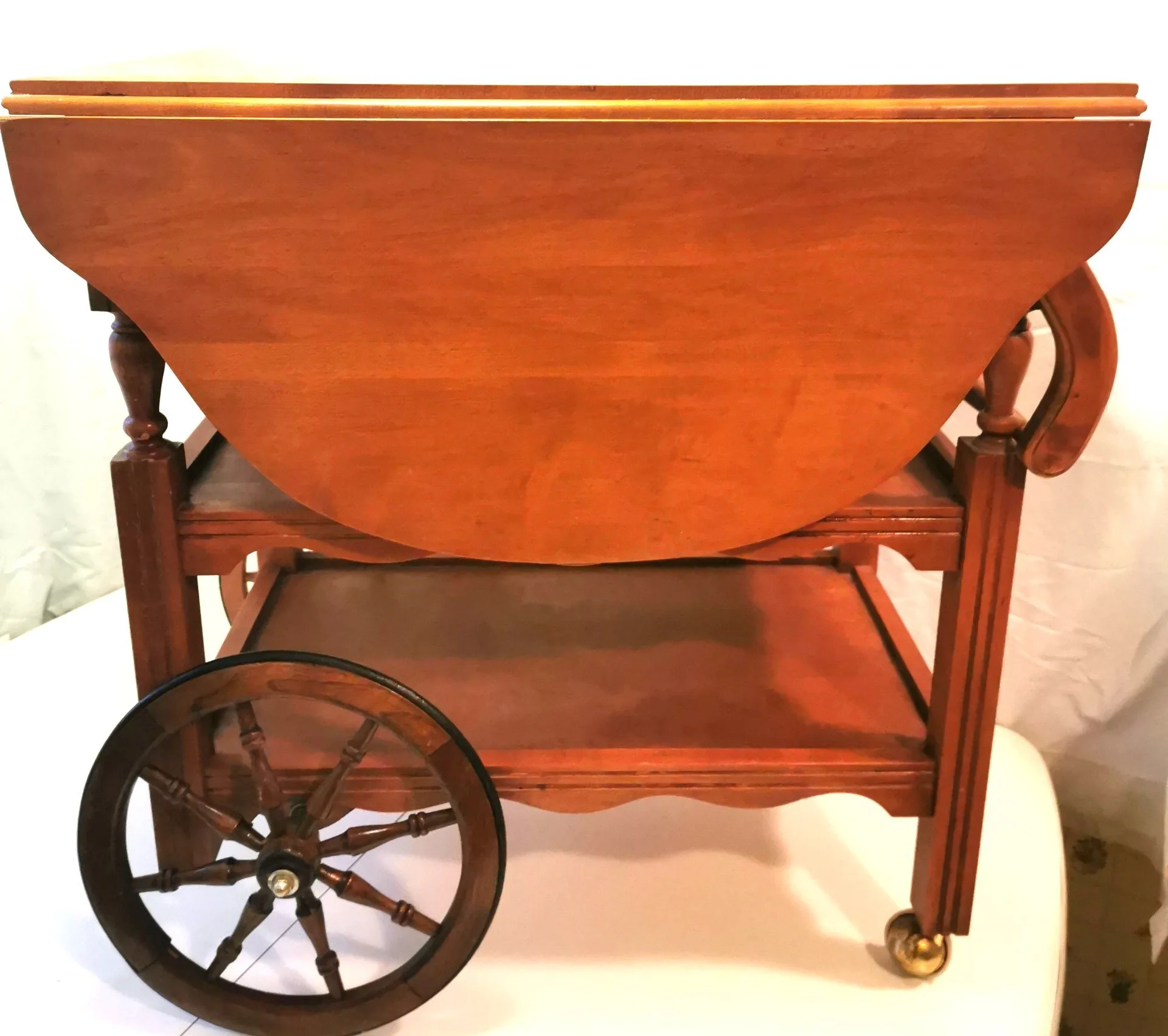 Tea Cart with Drop Leaves Handle for Pushing Vintage Hardwood image indicator(6)