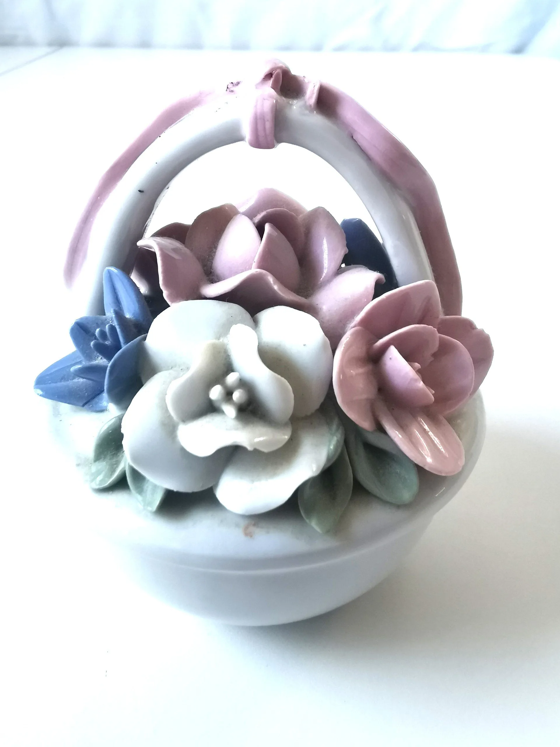 Small Vintage Porcelain Flower Basket Pink Blue White Flowers image indicator(3)