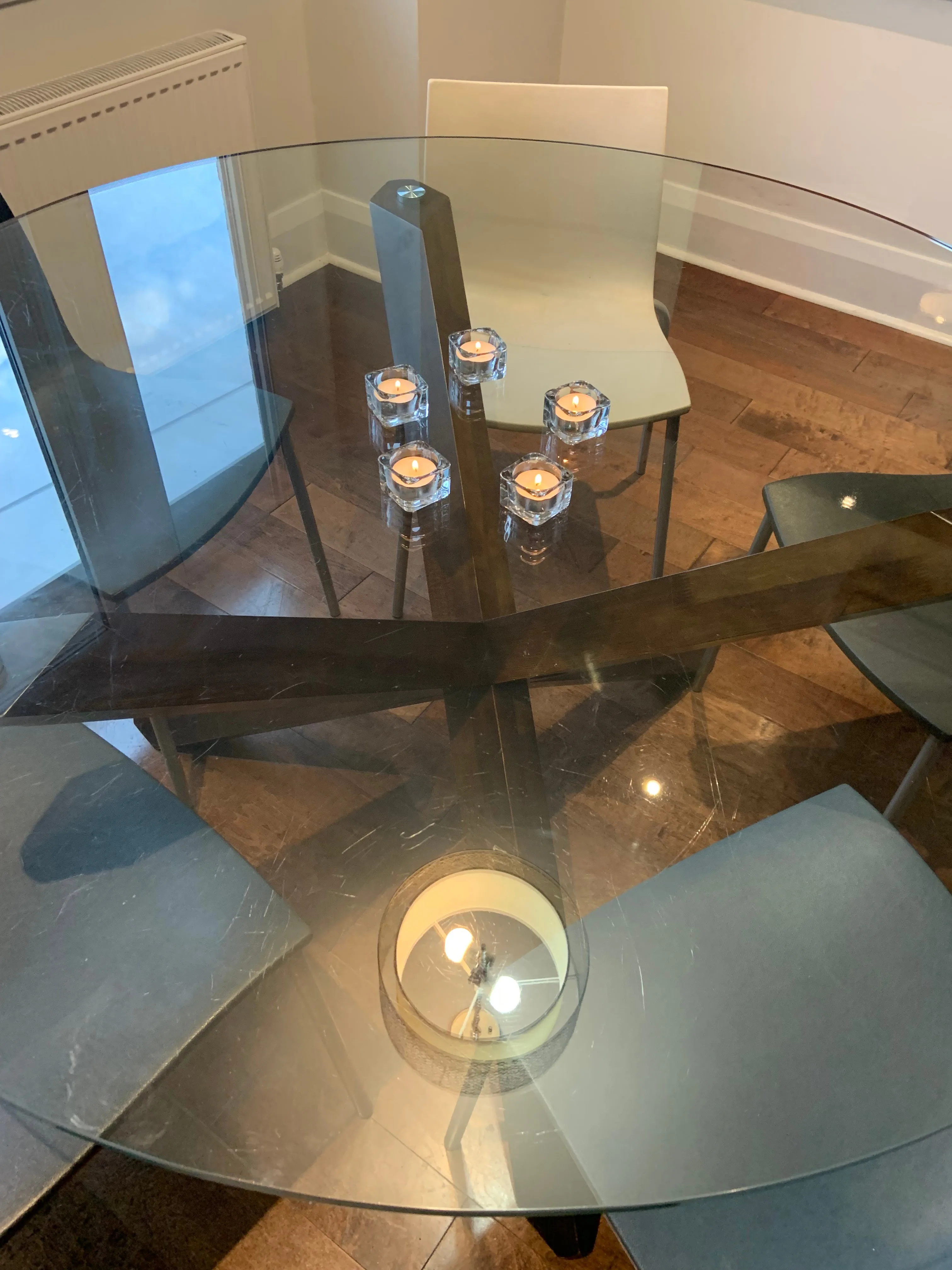 54" Round Glass Desktop Pedestal Dining Table w/ Solid Base image indicator(3)