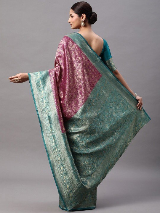 Magenta & Sea Green Zari Kanjeevaram Saree with Ethnic Motifs - photo 3