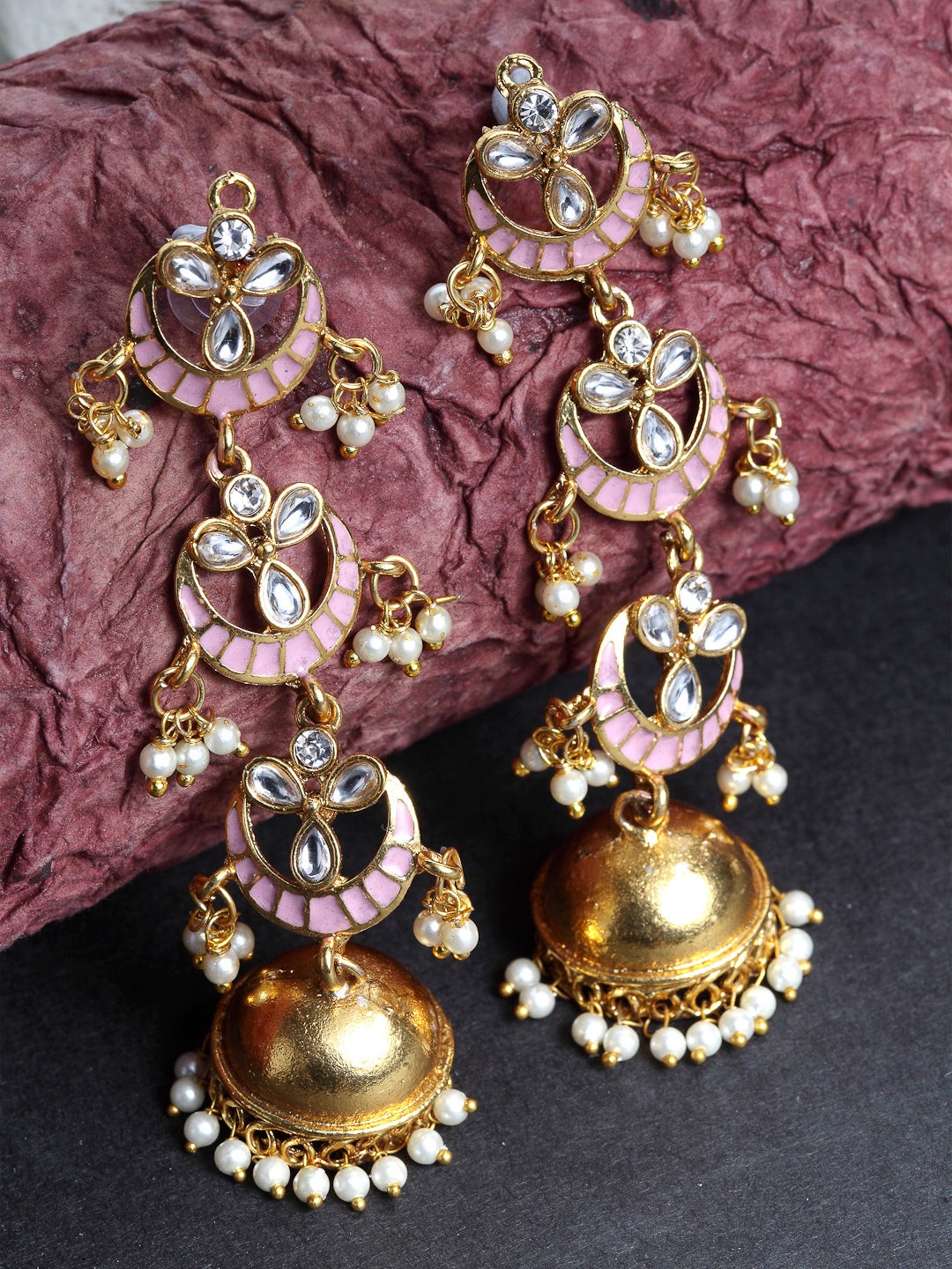 Hand-Painted Pink Kundan Earrings for Women