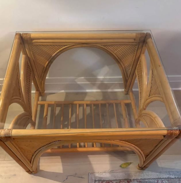 Vintage Mid Century Bohemian Rattan Coffee Table with Glass Top - photo 3