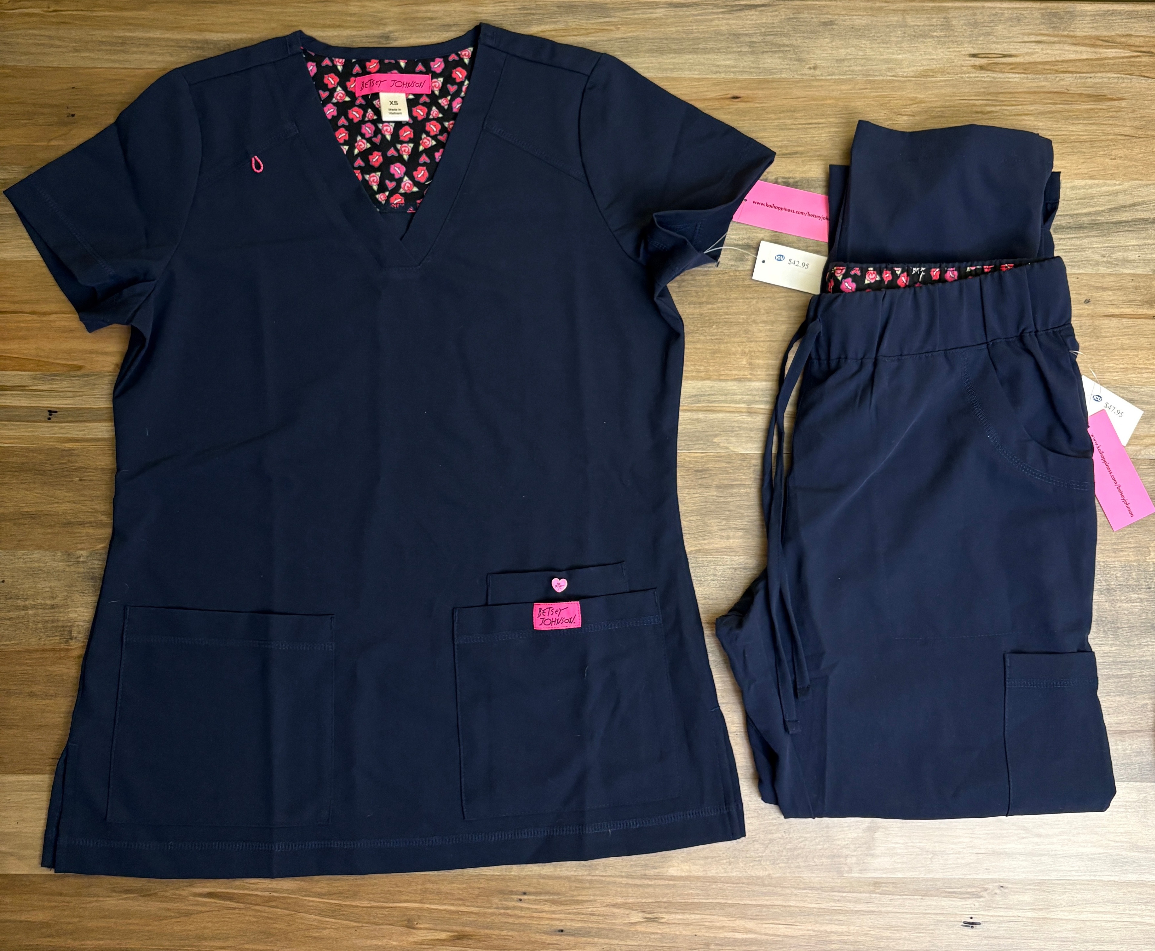Women's Navy Betsey Johnson Scrubs - Top XS, Bottoms Petite S