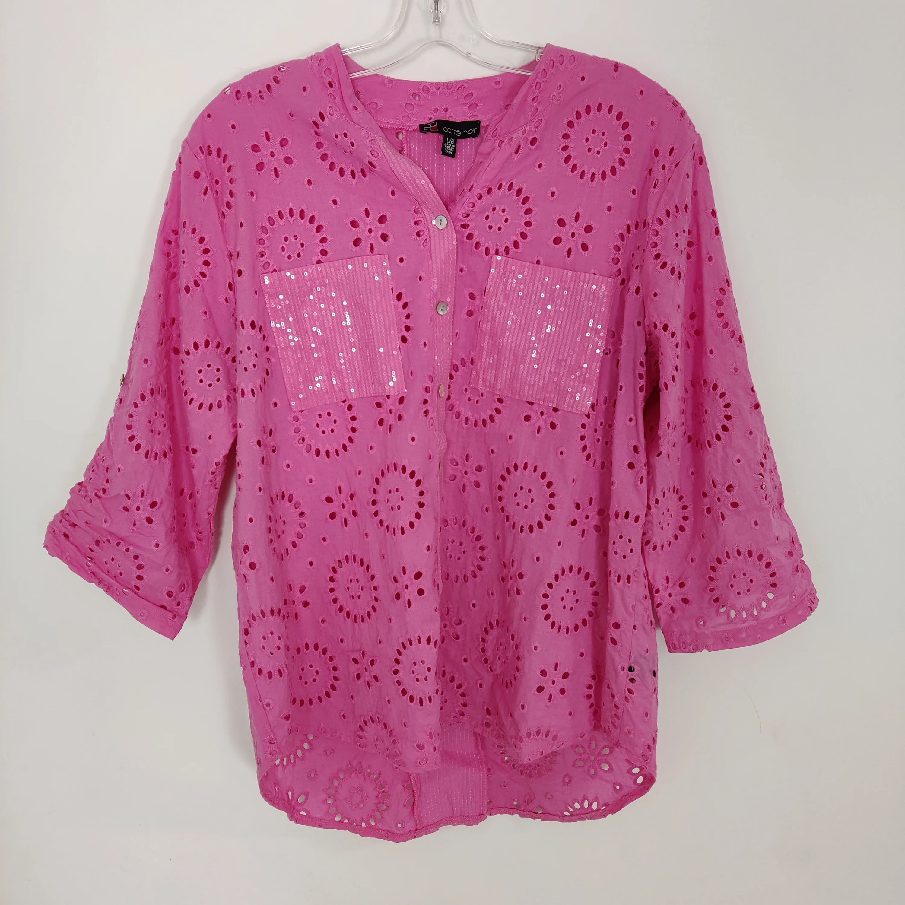 Carre Noir Women's Pink Eyelet Blouse Tunic Sz Large Barbiecore thumbnail