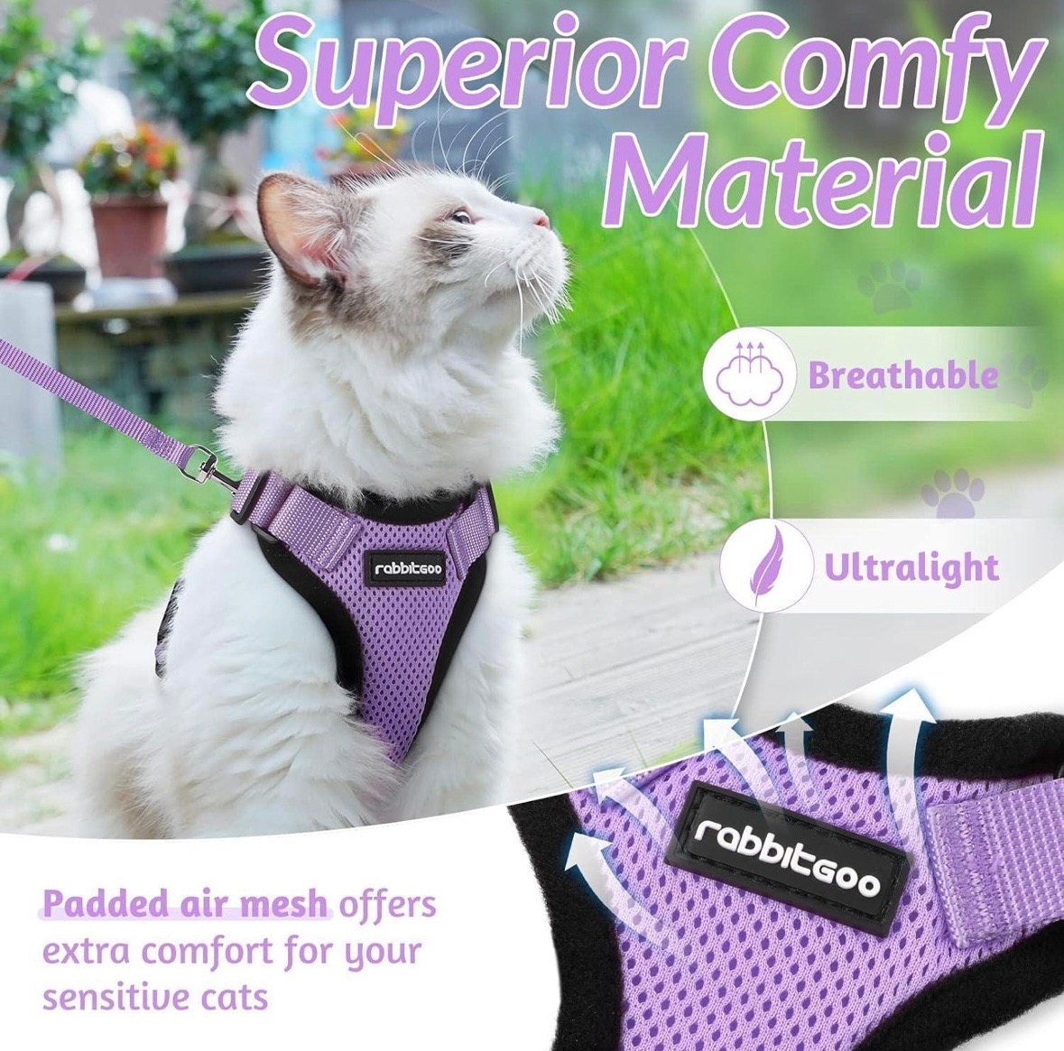 RABBITGOO Lilac Purple Cat Harness & Leash Size Medium - photo 4