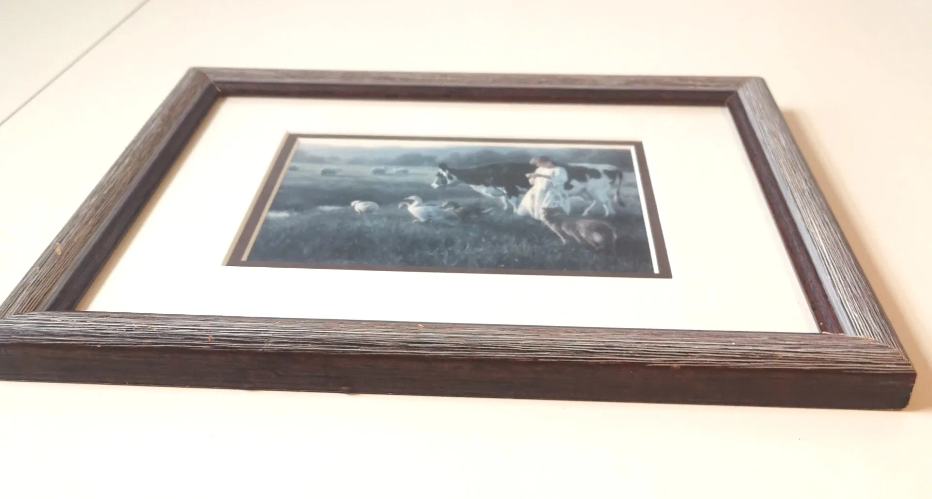 VINTAGE Robert Duncan Print "Out in the Pasture" Girl Cow Geese image indicator(5)