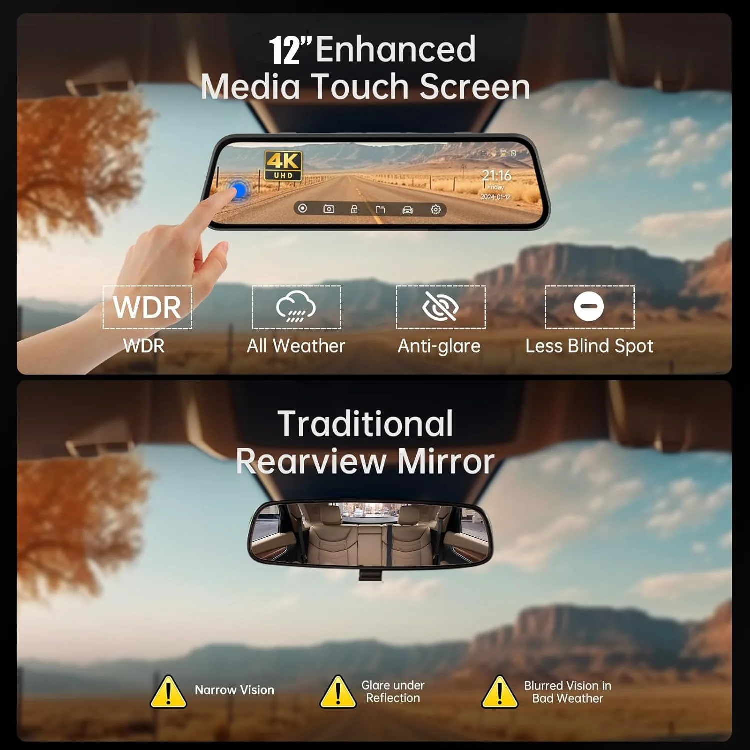 4K Rear View Mirror Camera, 12'' Mirror Dash Cam Front and Rear image indicator(4)