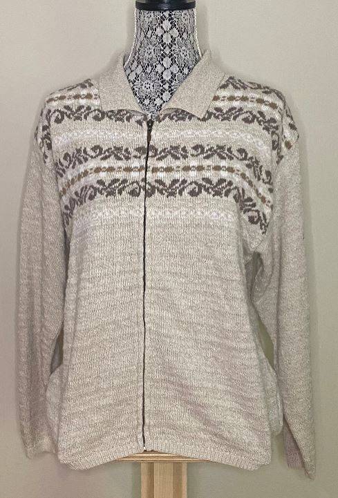 Cottage Cove Winter Beige Full Zip Women’s Cardigan Large