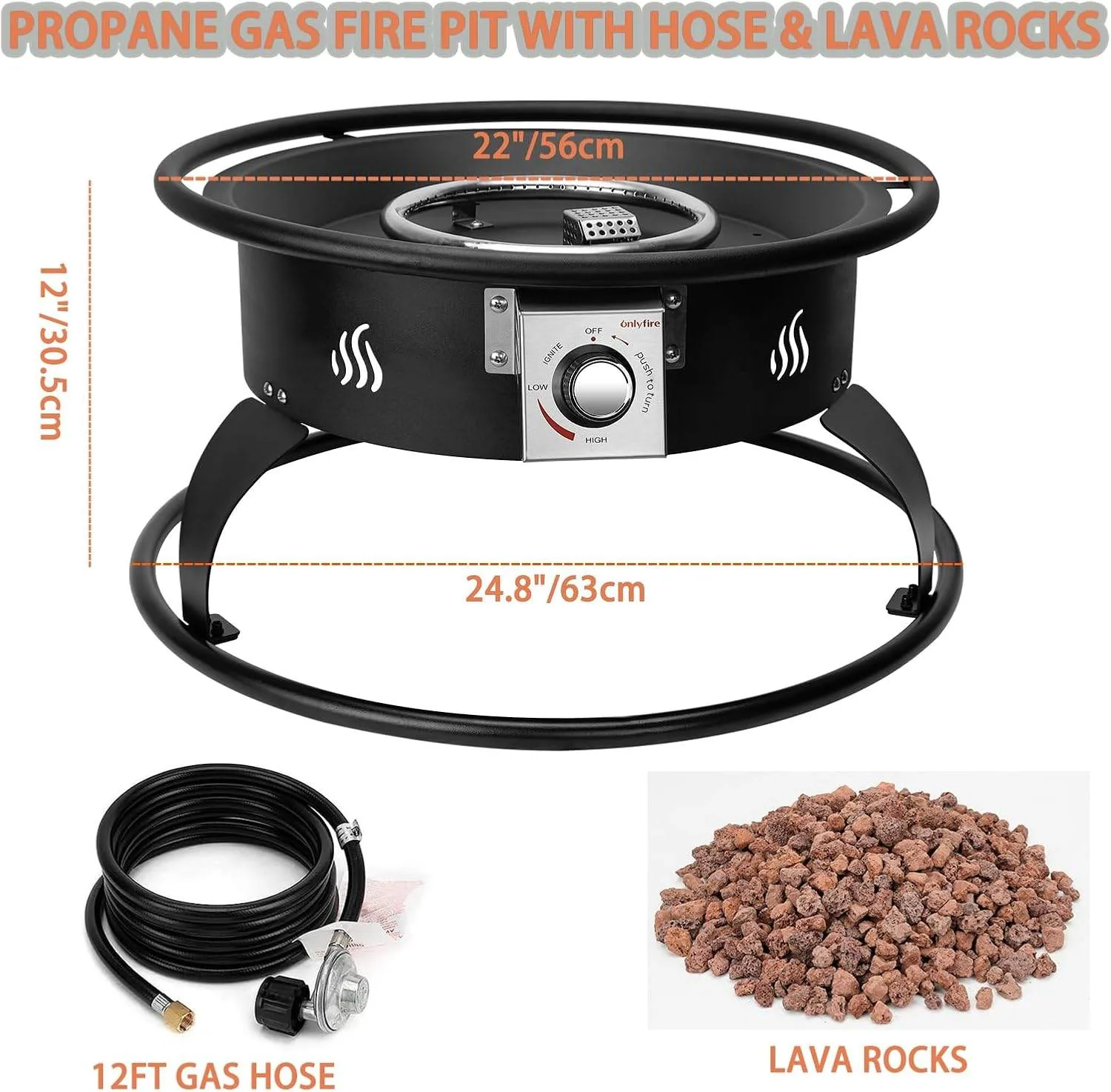 🔥 22" Portable Propane Fire Pit with Hose & Lava Rocks image indicator(4)