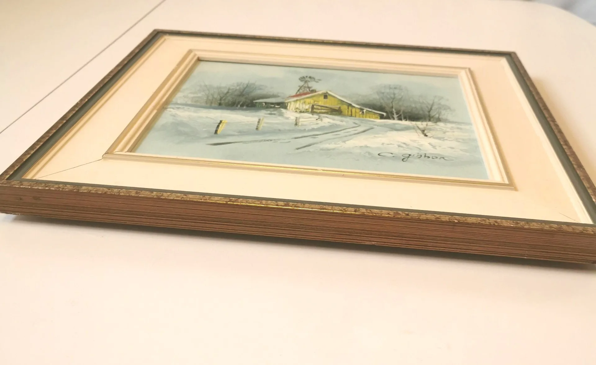 Vintage C. Gibbon Oil Painting Winter Barn Snow Scene on Farm image indicator(6)