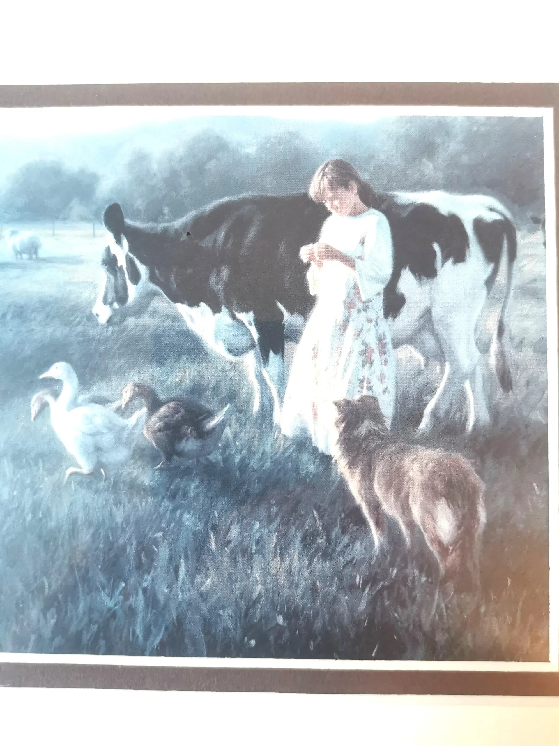 VINTAGE Robert Duncan Print "Out in the Pasture" Girl Cow Geese image indicator(2)