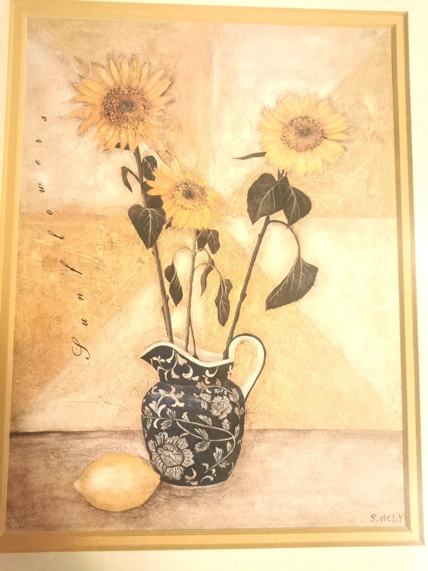 S. Hely” Vintage Floral Print 15″ × 13″ Signed Framed Sunflower image indicator(2)
