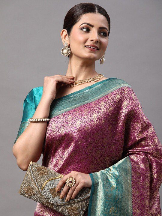 Magenta & Sea Green Zari Kanjeevaram Saree with Ethnic Motifs - photo 2