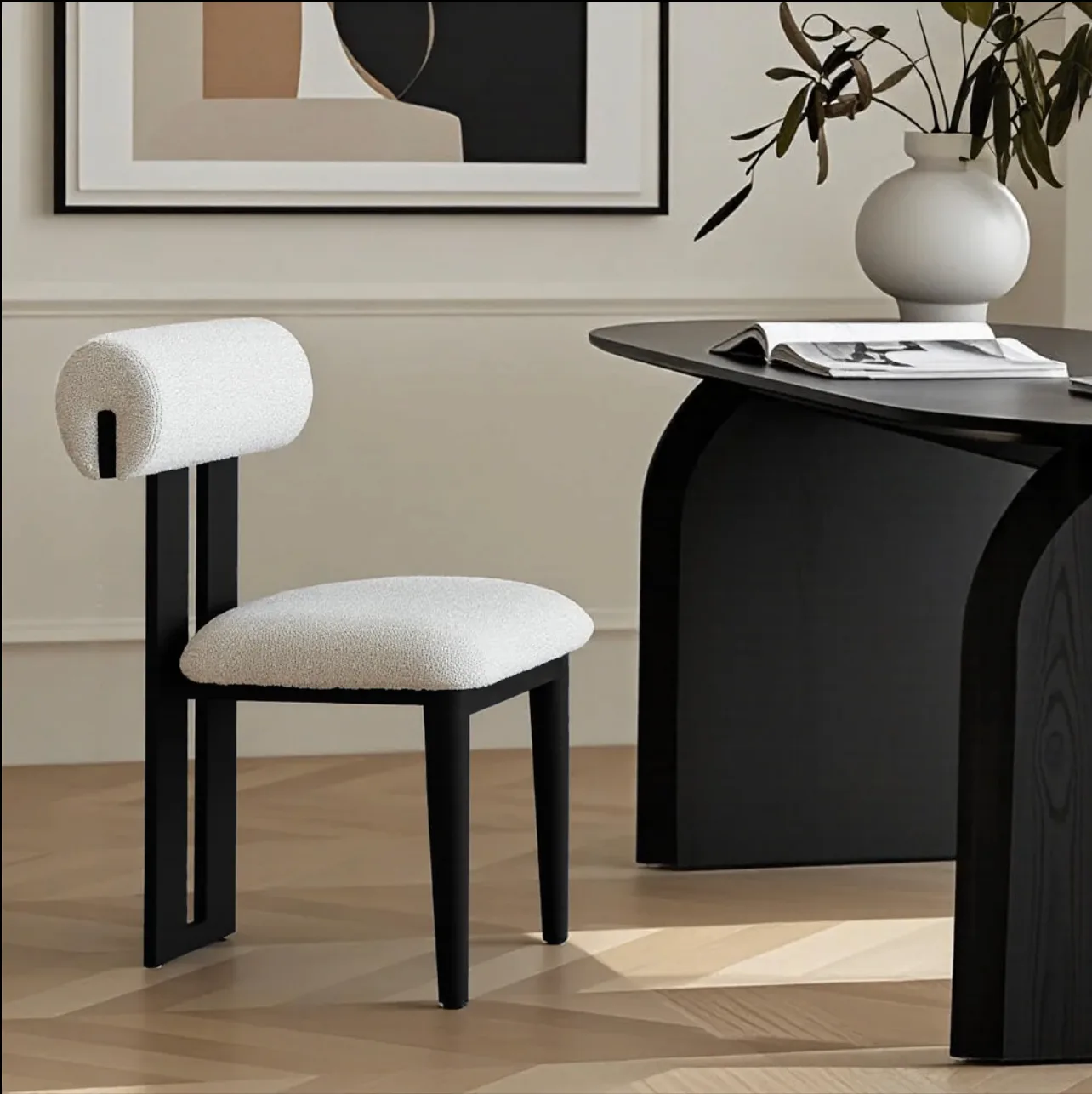 Bouclé Dining Chairs – Set of 2, Cream White with Black Legs thumbnail