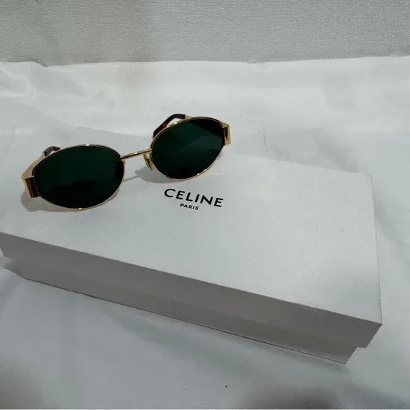 New Celine CL40235U Triomphe Oval Sunglasses Gold Green Lens image indicator(3)