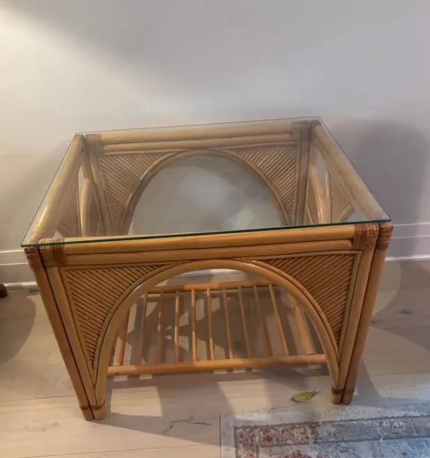 Vintage Mid Century Bohemian Rattan Coffee Table with Glass Top thumbnail