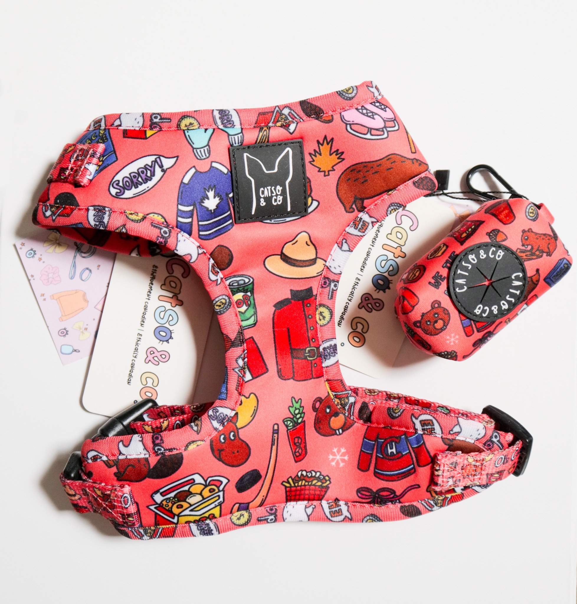 NWT All Things Canadian Print Dog Harness & Poop Bag Holder Set