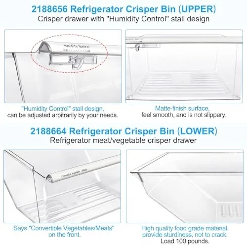 2 Pack 2188656 Fridge Crisper Drawer UPPER & 2188664 Bin LOWER image indicator(2)