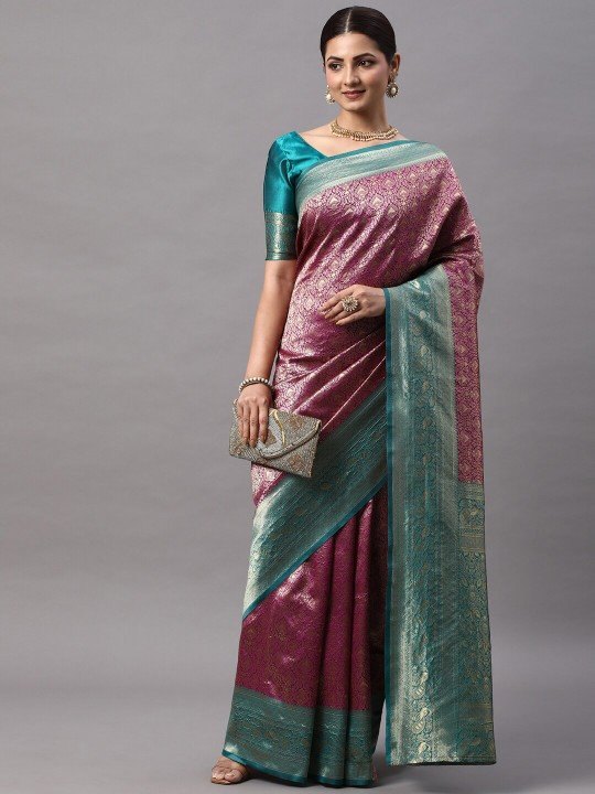 Magenta & Sea Green Zari Kanjeevaram Saree with Ethnic Motifs - photo 4