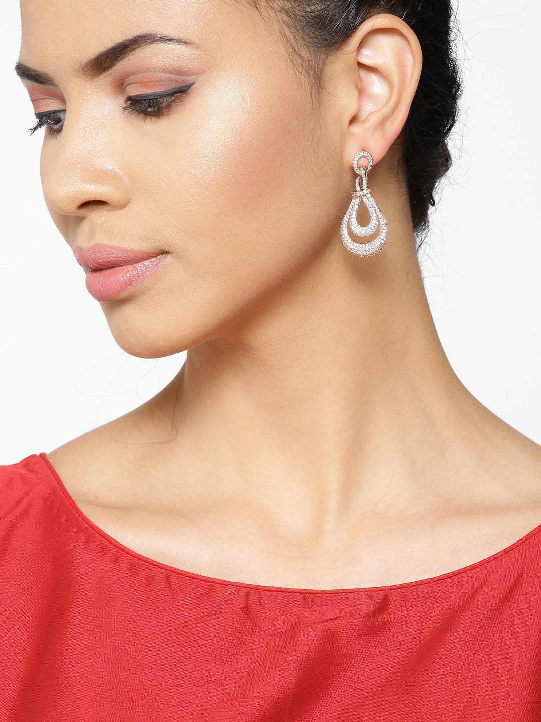 Premium Rose Gold-Plated American Diamond Studded Drop Earrings - photo 3