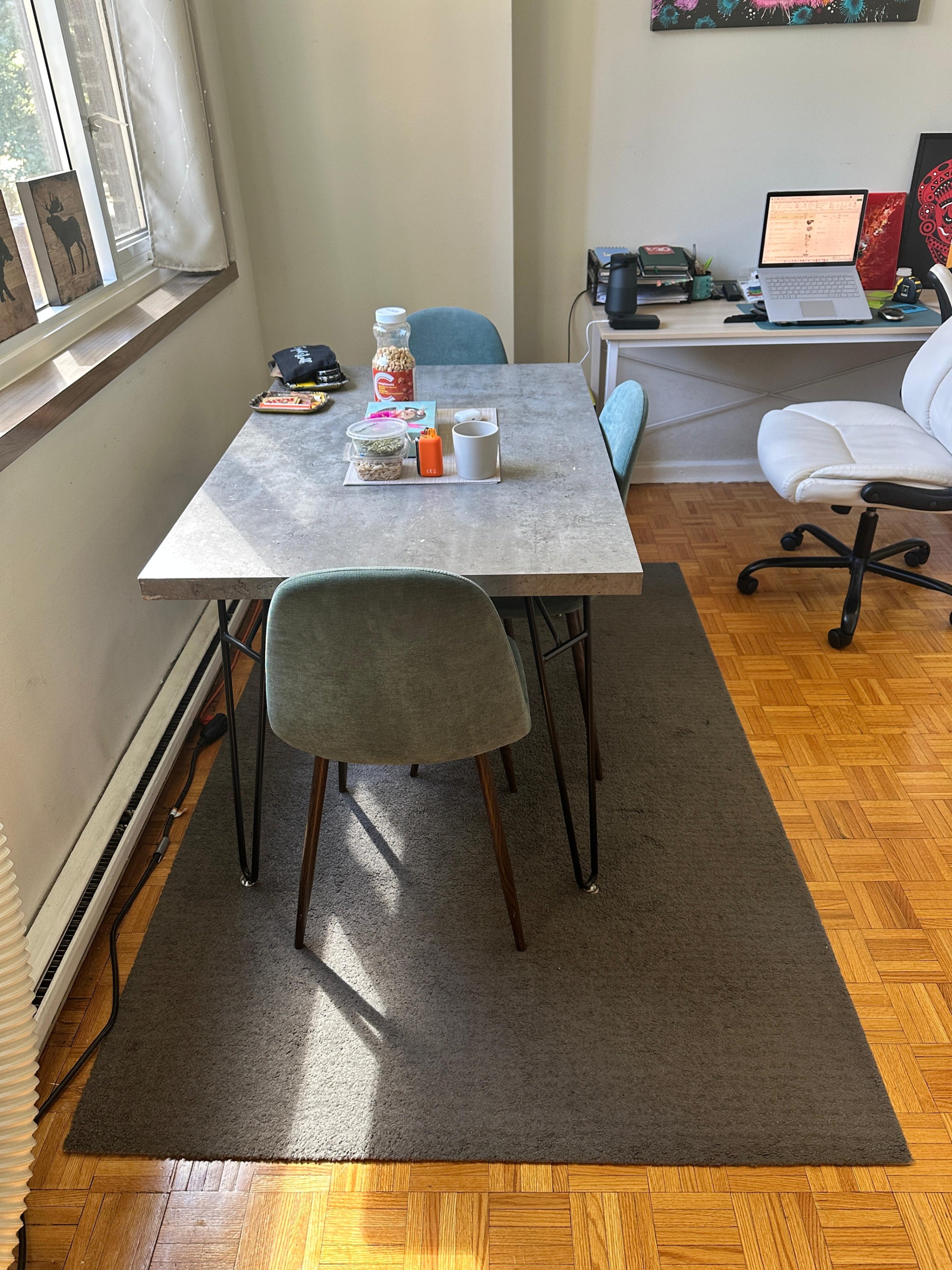 Dining table with 4 velvet teal chairs + rug (optional) - photo 3