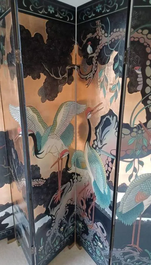 RARE SHOW HOME Double-Sided Asian Hand-Painted Screen Cranes image indicator(7)