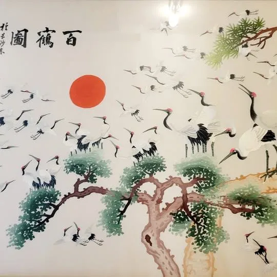 Large Vintage 100 Chinese crowned crane silk embroidery framed image indicator(3)