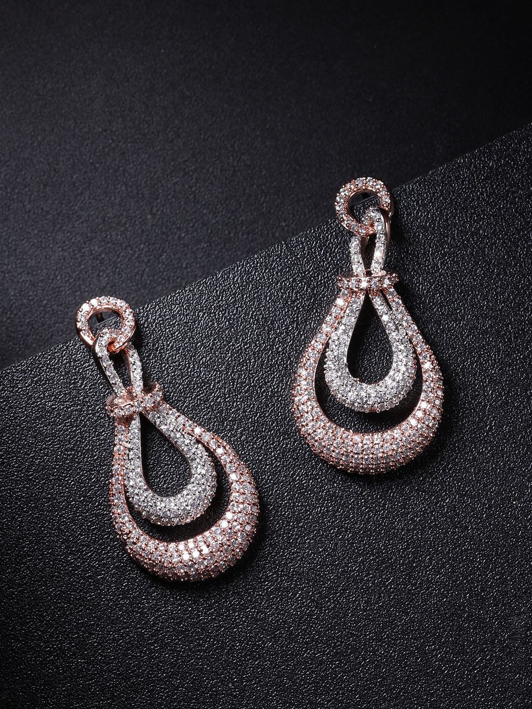 Premium Rose Gold-Plated American Diamond Studded Drop Earrings