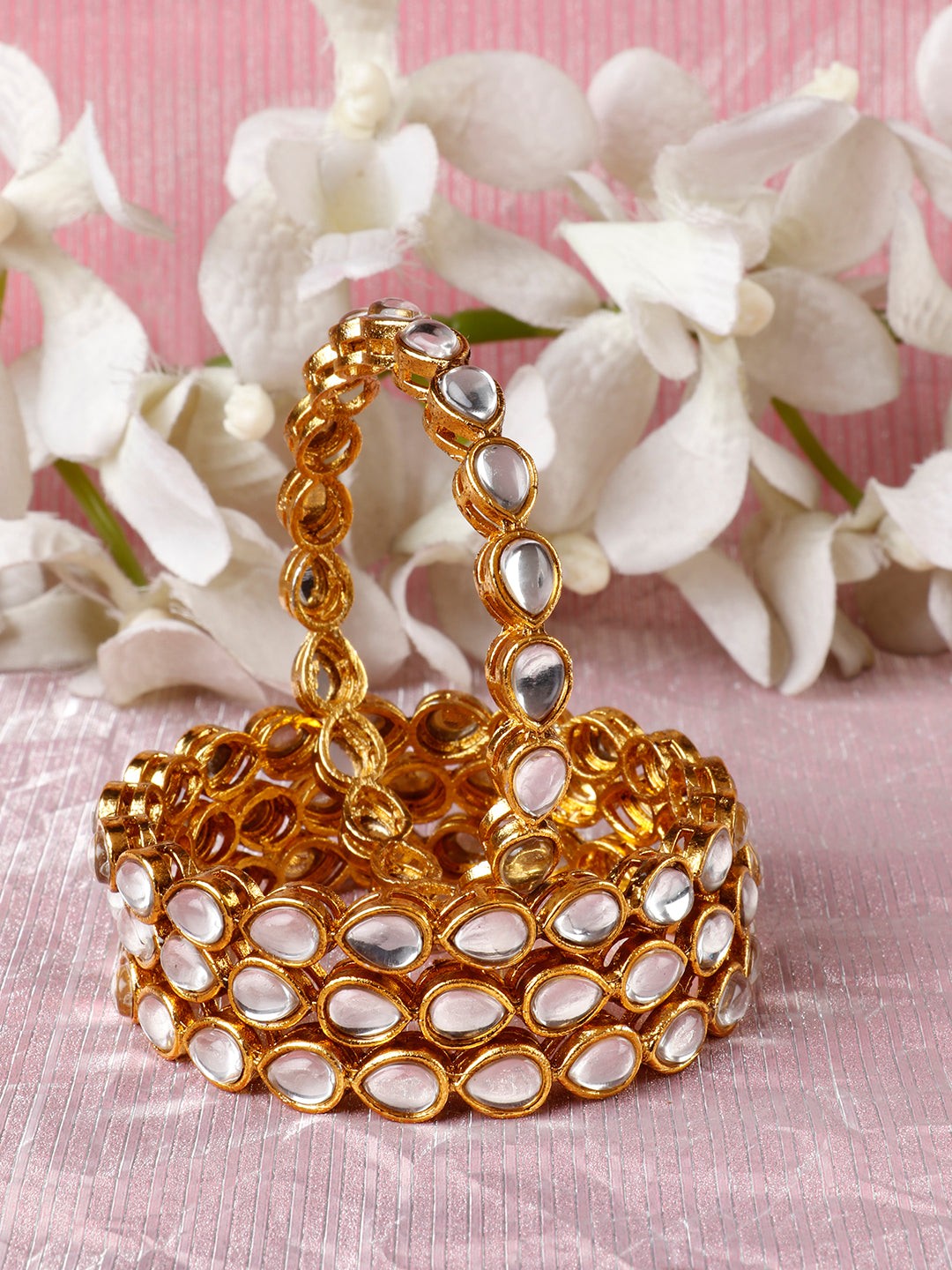 Primum Set of 4 Gold-Plated Kundan Studded Bangles for Women