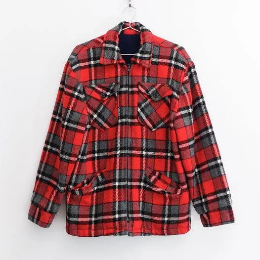 Vintage Red Plaid Zip Flannel Jacket Fleece Lined - M thumbnail