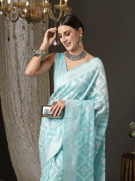 Turquoise Blue & Silver-Toned Zari Silk Cotton Banarasi Saree - photo 2