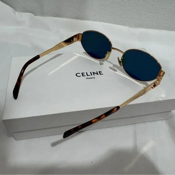 New Celine CL40235U Triomphe Oval Sunglasses Gold Green Lens image indicator(5)