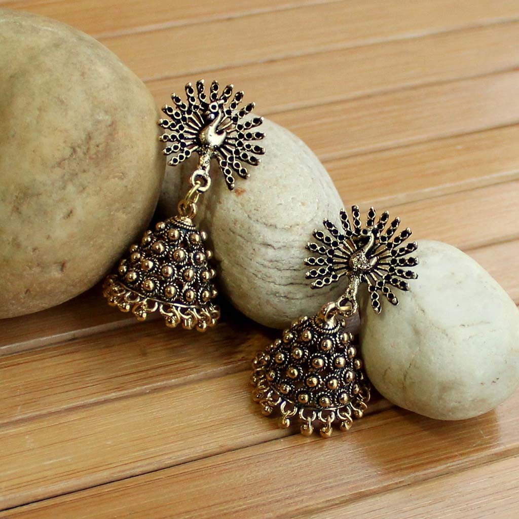 Peacock German Silver Oxidised Handmade Jhumki Earrings