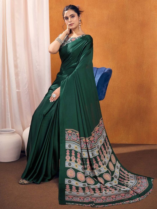 Ajrak Block Print Satin Saree with Blouse Piece - photo 2