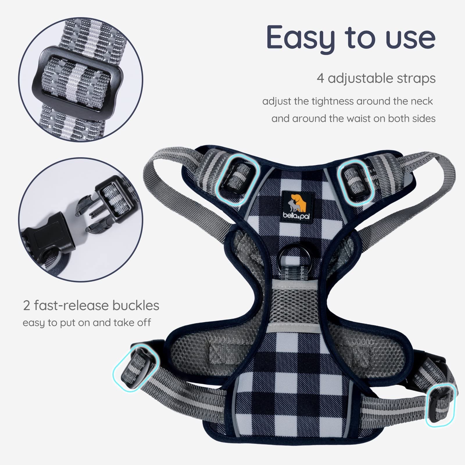 NWT No Pull Dog Harness - Scottish Plaid Navy And White Grid - photo 3