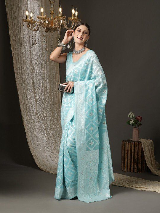 Turquoise Blue & Silver-Toned Zari Silk Cotton Banarasi Saree - photo 4