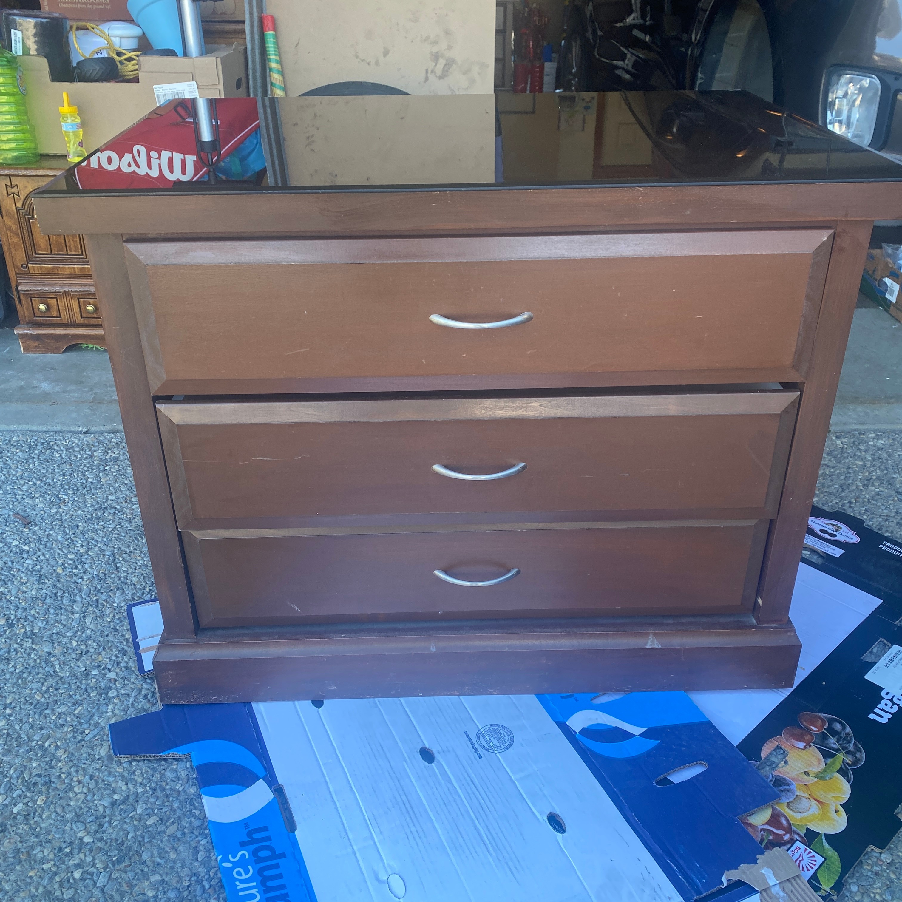 Classic Hotel Style 3 Drawer Brown Dresser w/ Tempered Glass Top