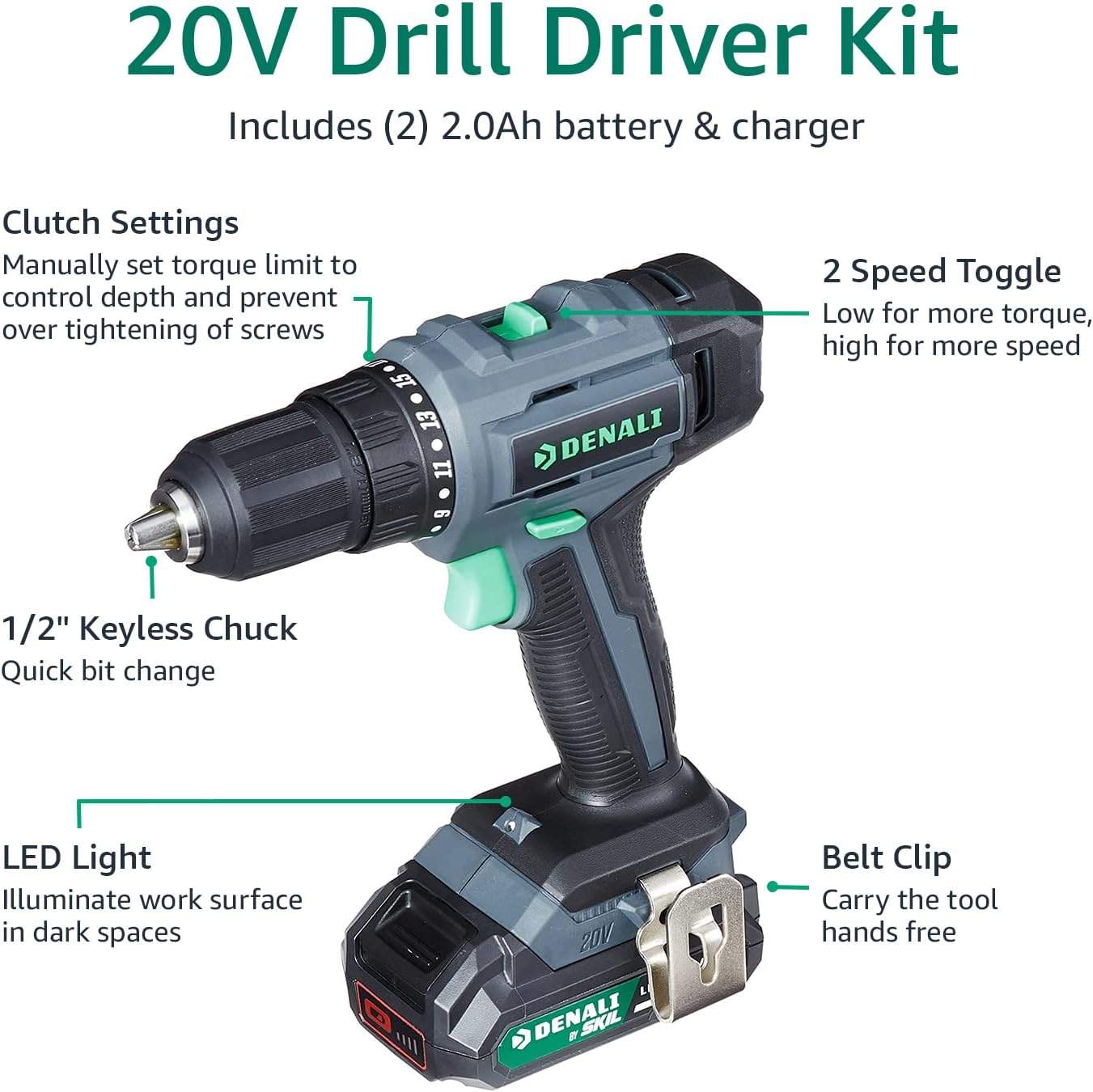 Denali by SKIL 20V Drill Driver Kit, Includes Two 2.0Ah Battery - photo 2
