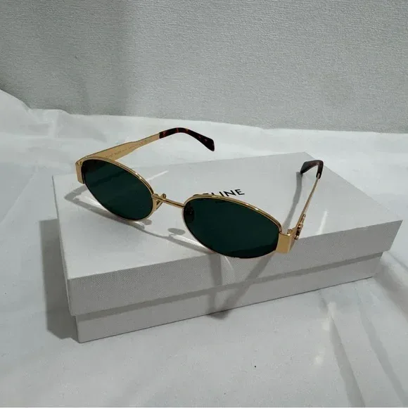 New Celine CL40235U Triomphe Oval Sunglasses Gold Green Lens image indicator(2)