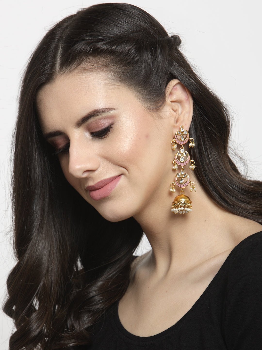 Hand-Painted Pink Kundan Earrings for Women - photo 2