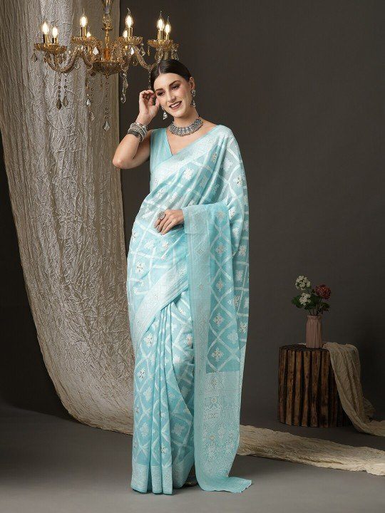 Turquoise Blue & Silver-Toned Zari Silk Cotton Banarasi Saree