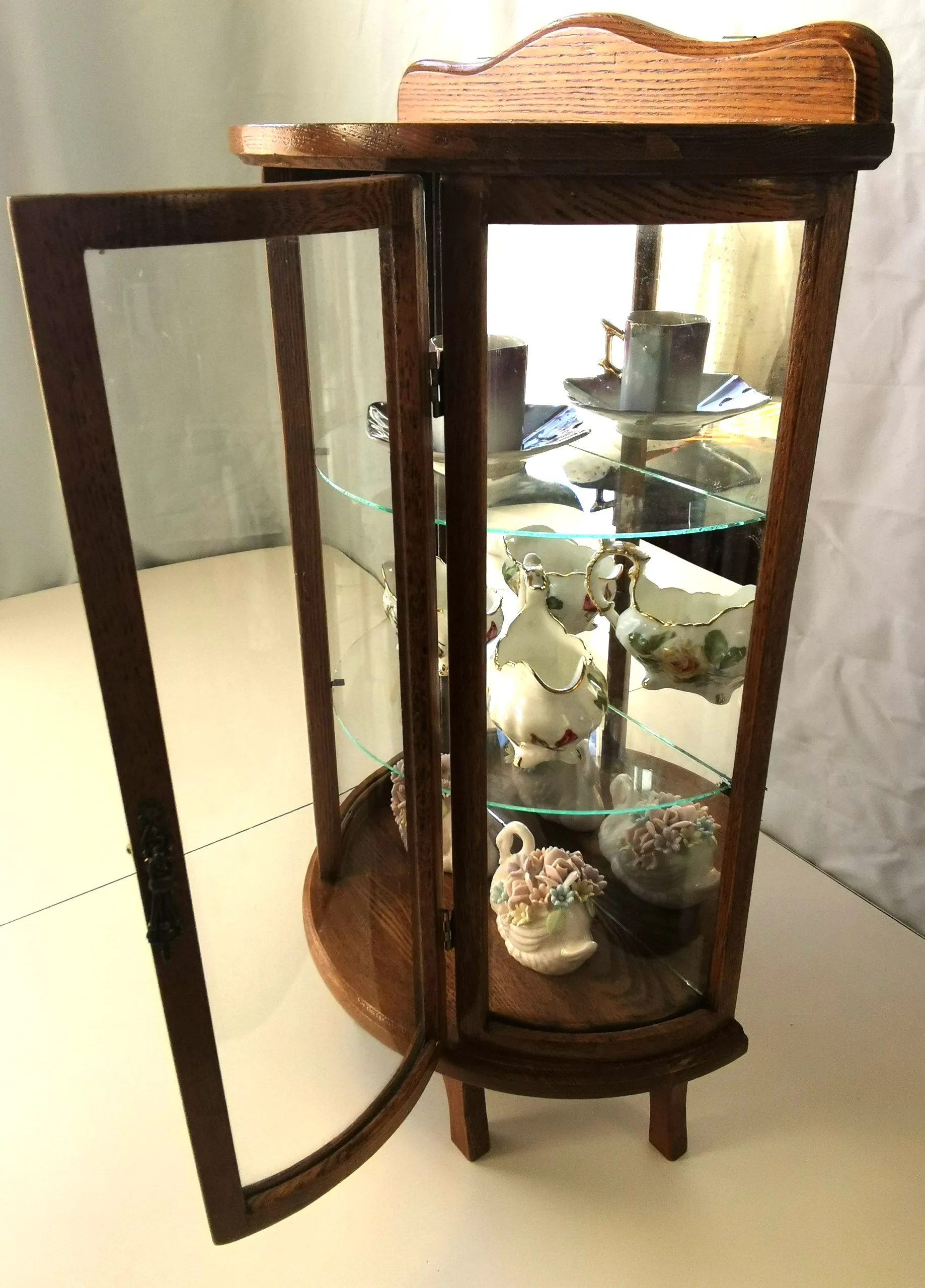 Vintage Hardwood Curio Cabinet Curved Glass Door Half Round image indicator(8)
