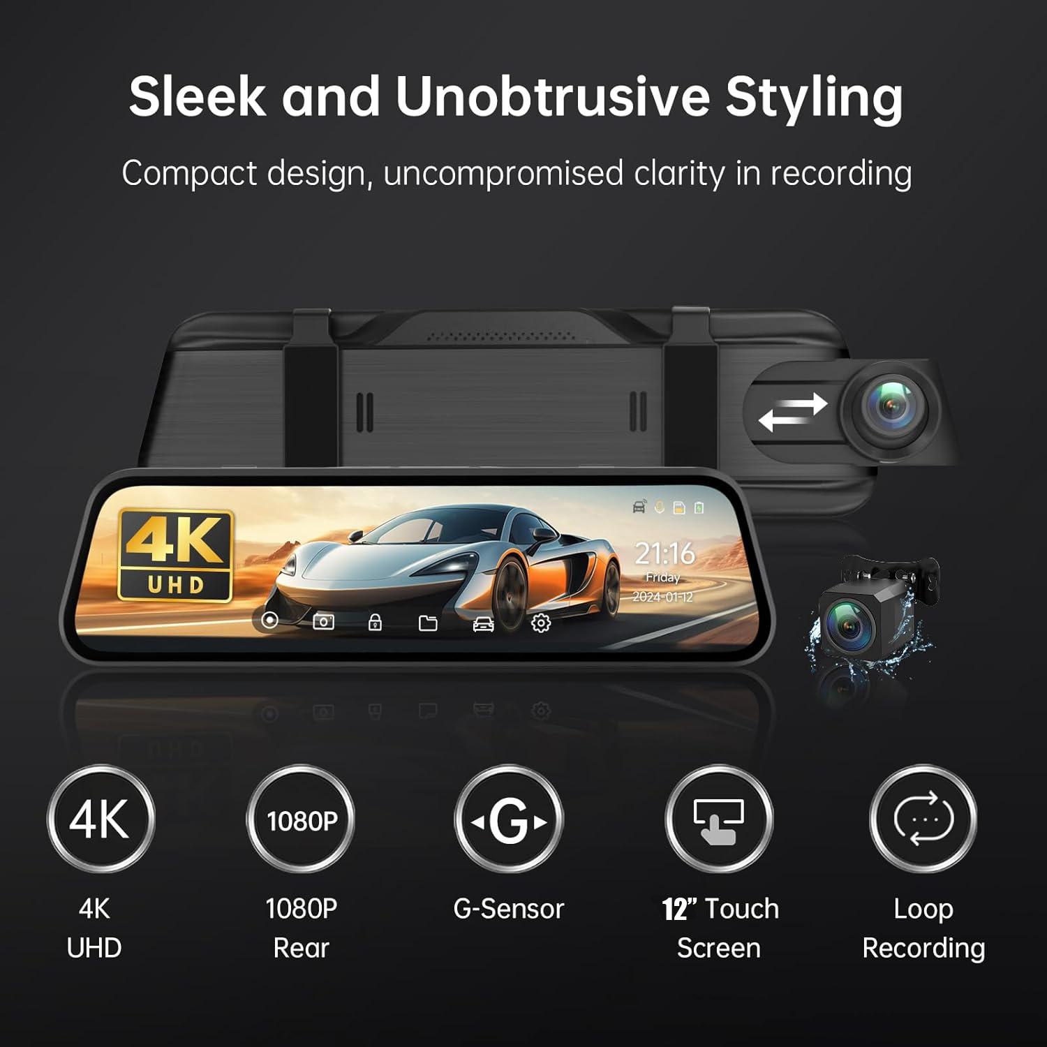 4K Rear View Mirror Camera, 12'' Mirror Dash Cam Front and Rear - photo 2