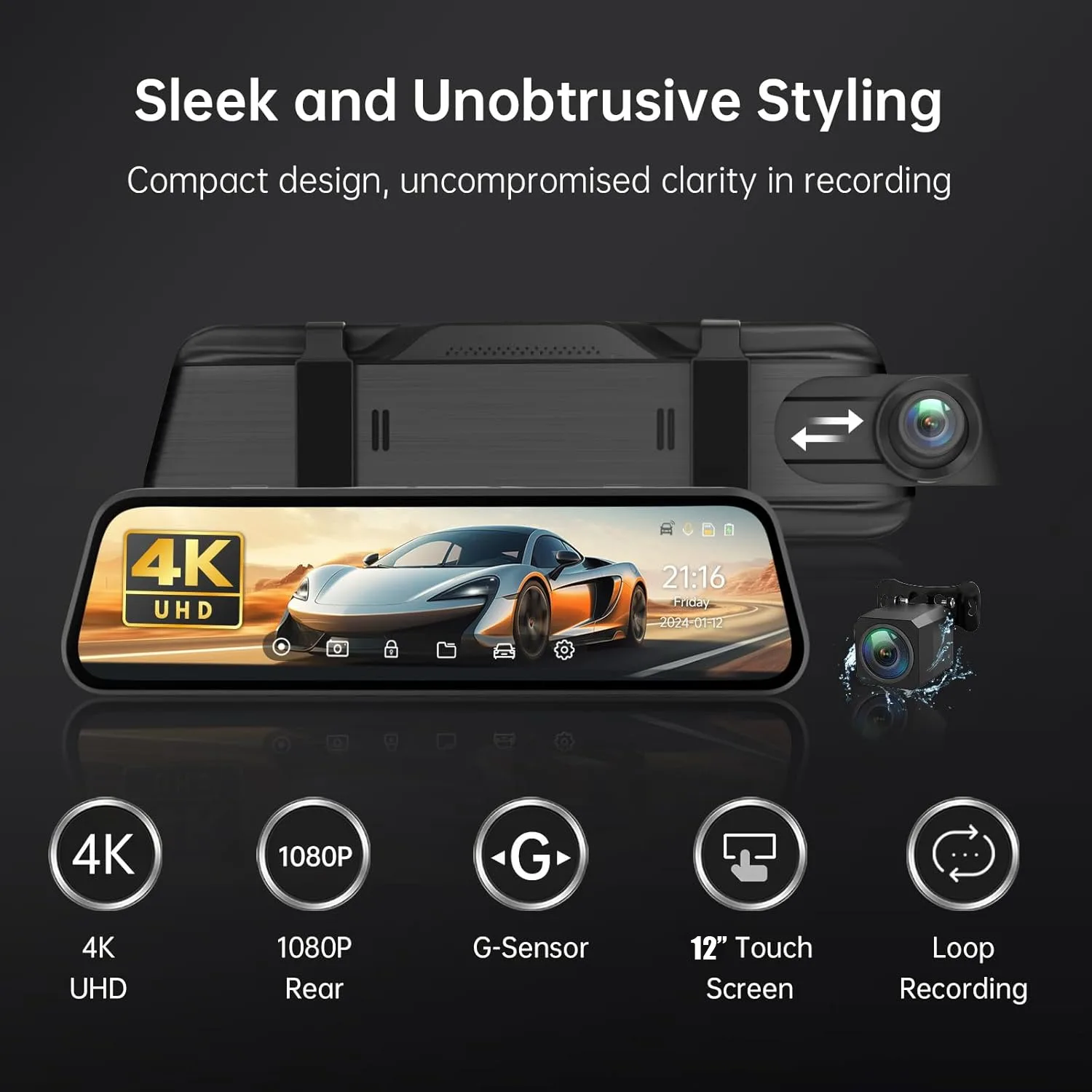 4K Rear View Mirror Camera, 12'' Mirror Dash Cam Front and Rear image indicator(2)