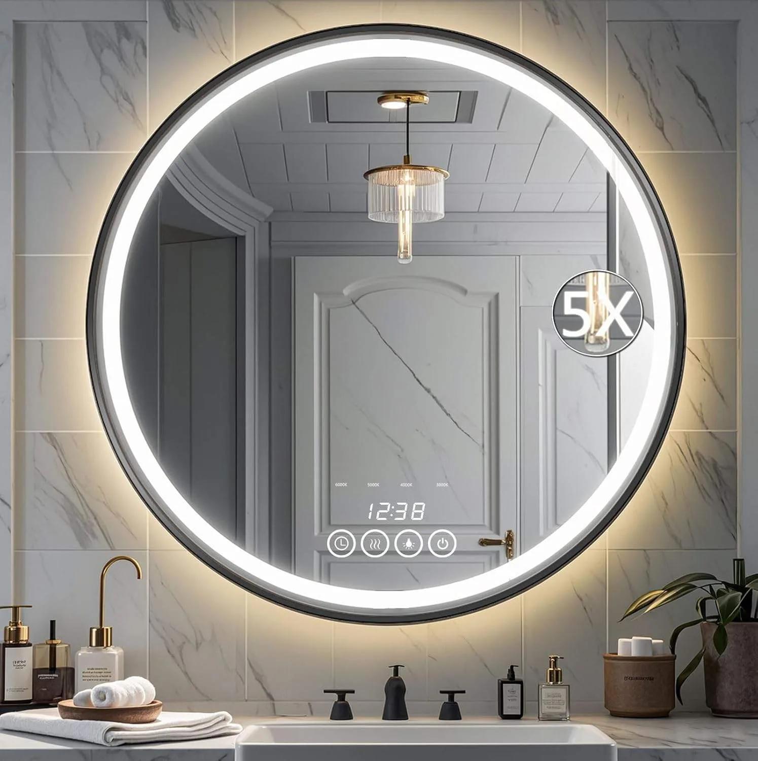 New Wall-Mounted Round Mirror w/ LED Lights (24") thumbnail