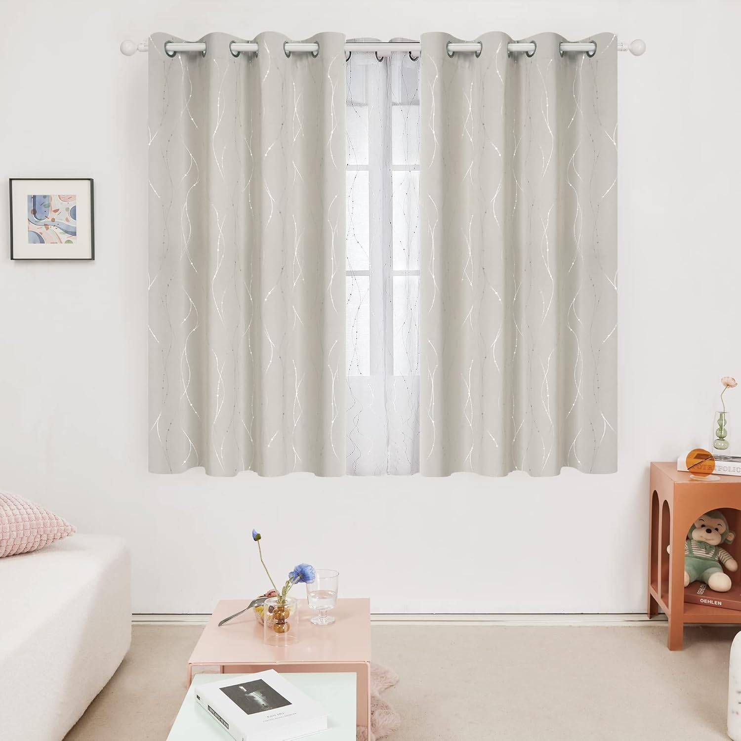 Silver/Beige Blackout Curtains + FREE Curtain Rod