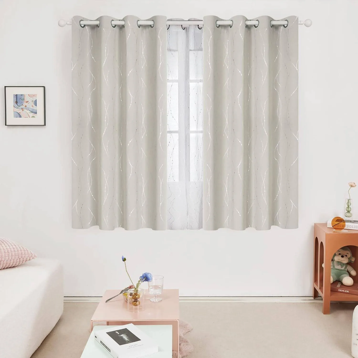 Silver/Beige Blackout Curtains + FREE Curtain Rod thumbnail